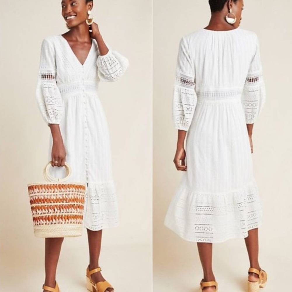 Anthropologie Ebba Midi White Eyelet Dress Size 8 Petite